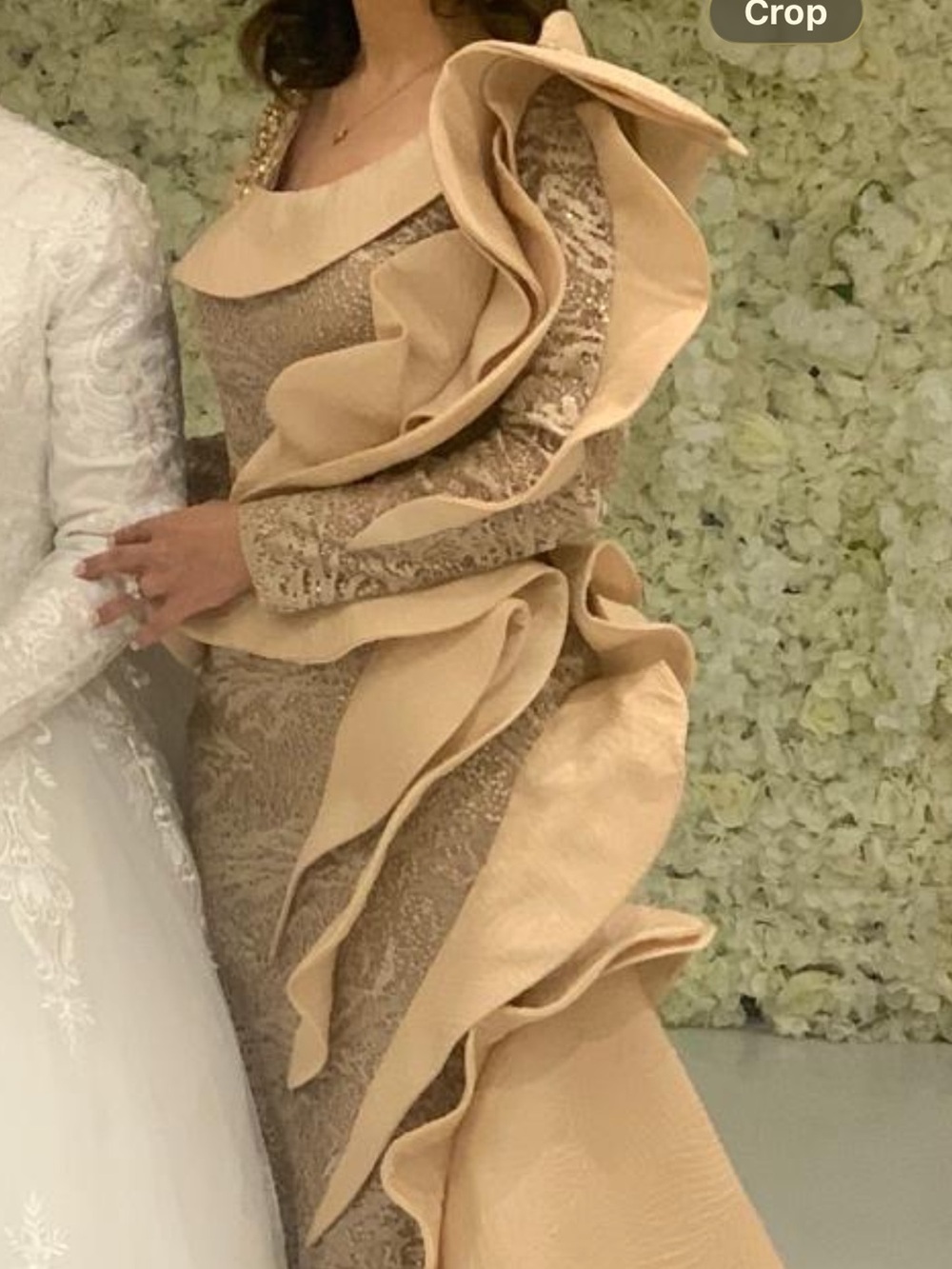 MNM Couture Champagne Ruffle Long Sleeve Gown